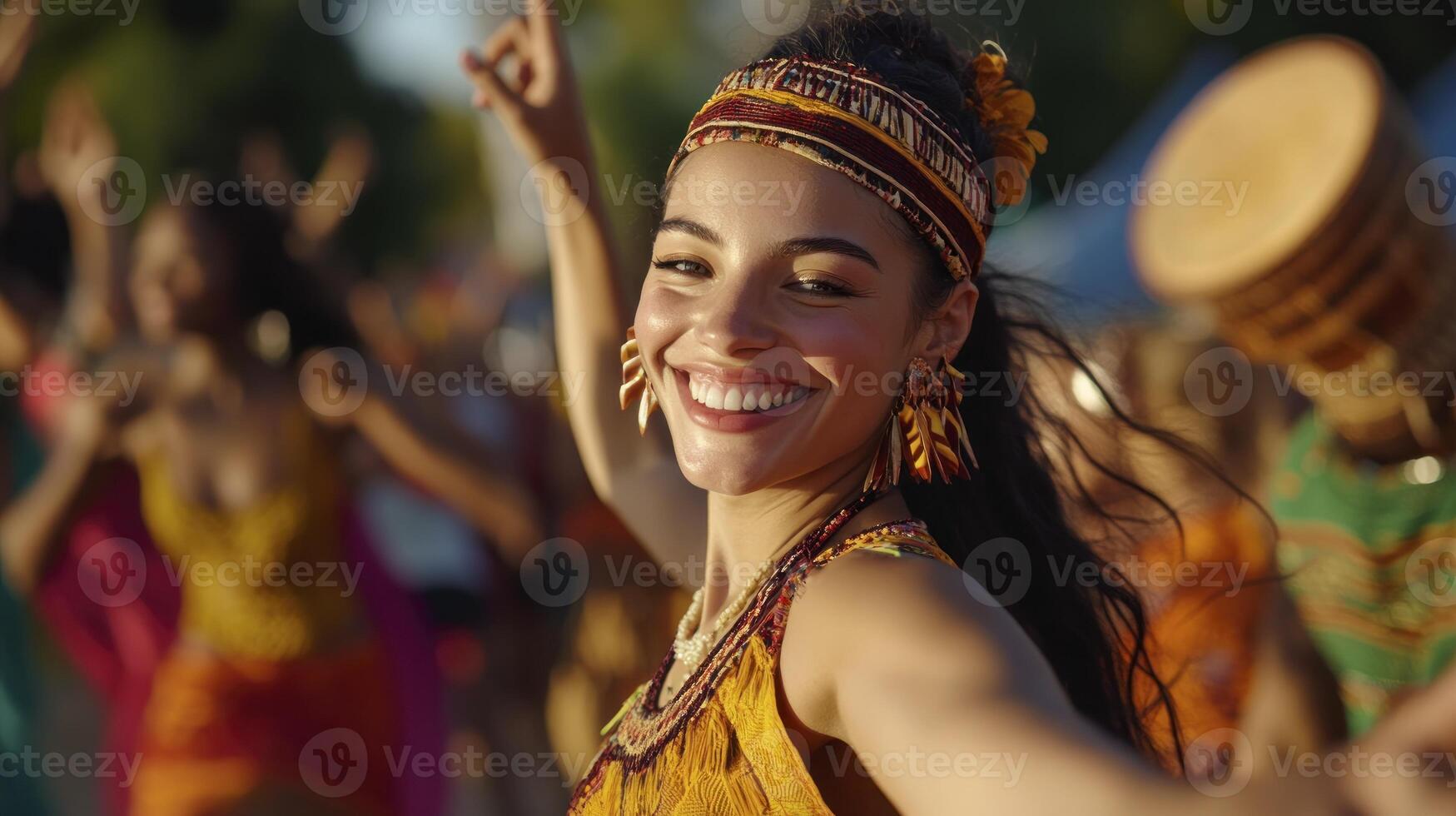 A woman in an african dress is smiling and dancing photo