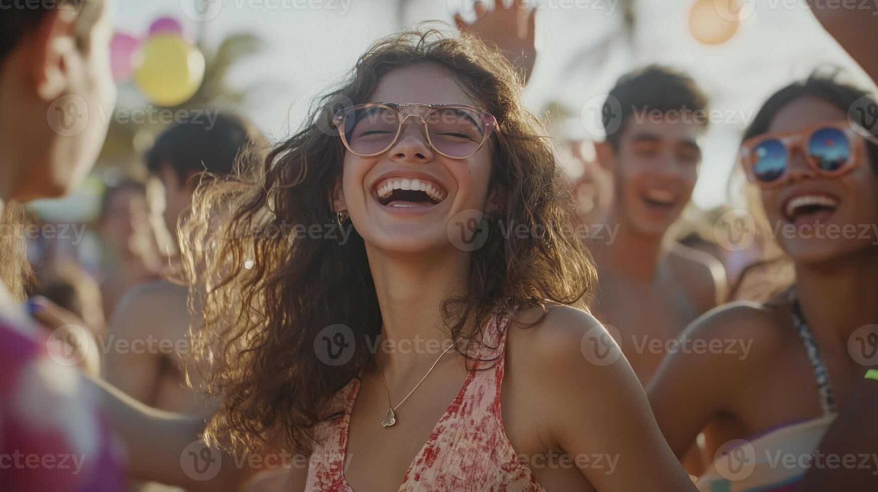 A group of people at a party with their arms up photo