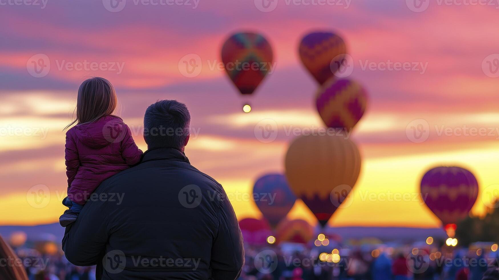 A man and a child watching hot air balloons at sunset photo