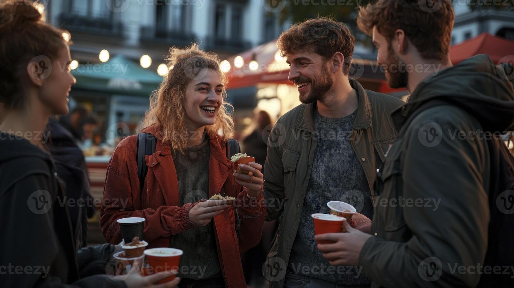 A group of people are having a conversation at a food market photo