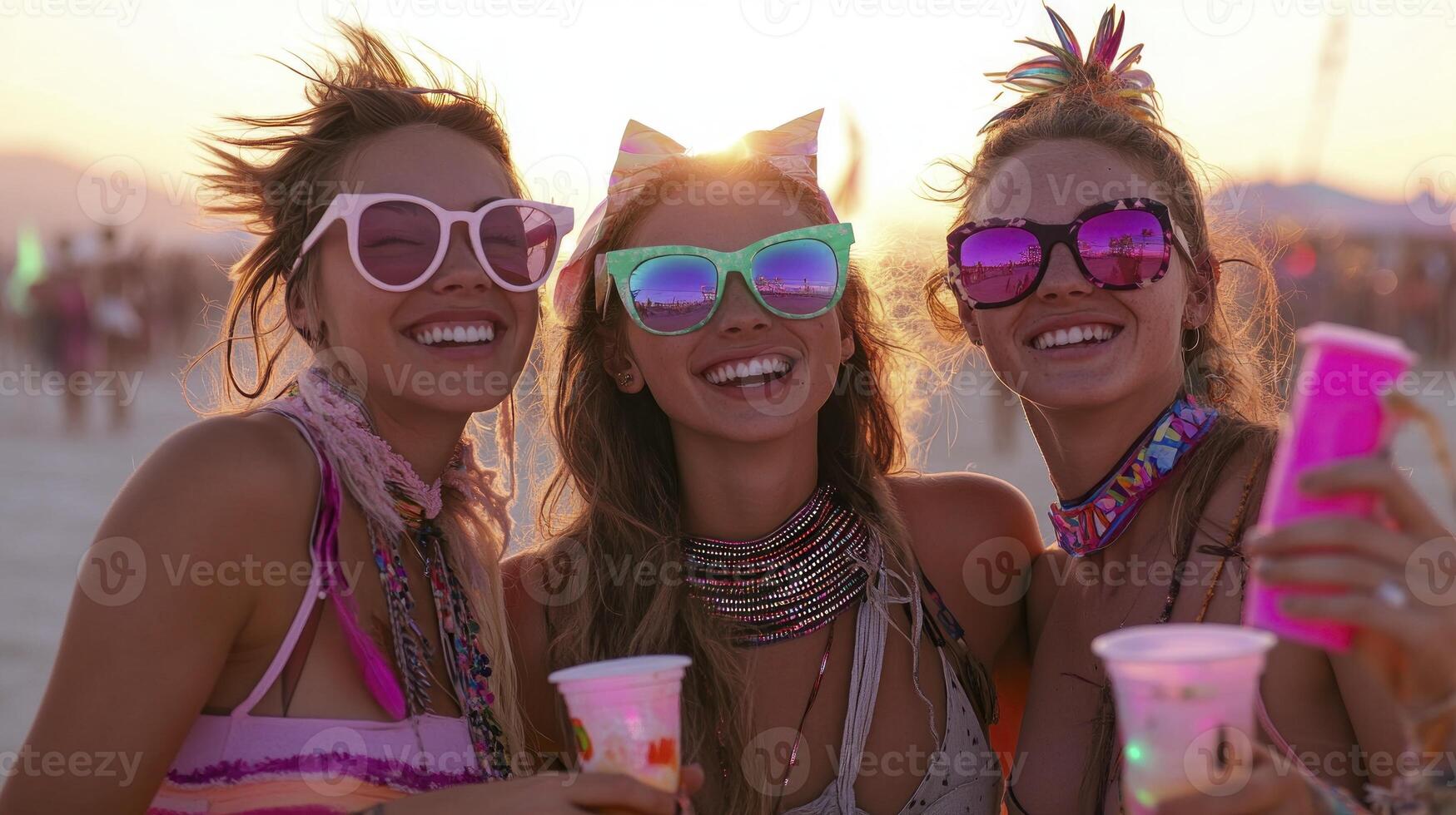 Three women wearing sunglasses and holding drinks at a festival photo