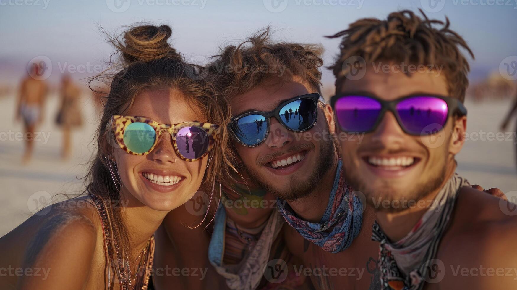 Three people wearing sunglasses at a festival photo