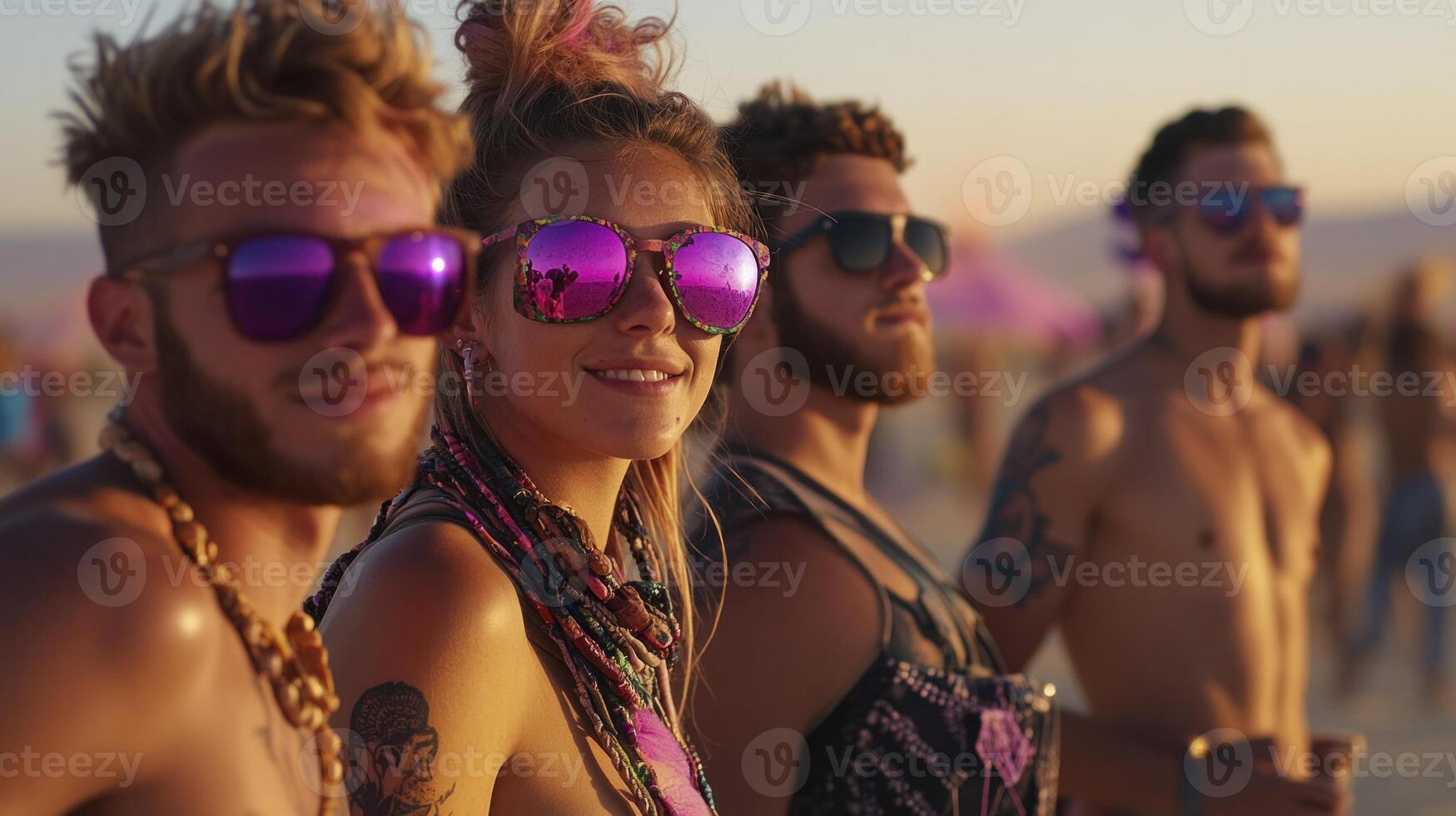 A group of people wearing sunglasses at a music festival photo
