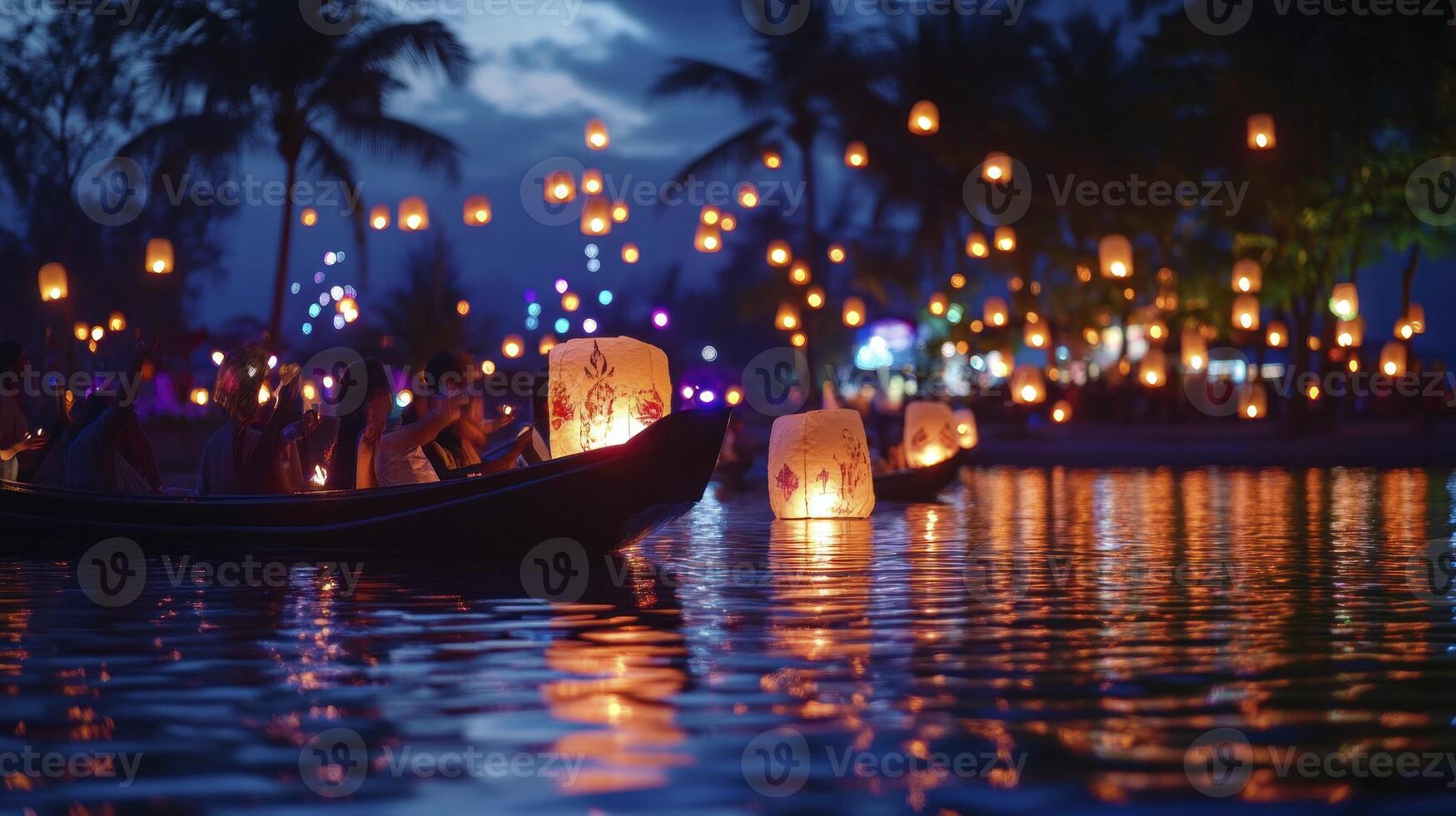 A boat with lanterns floating in the water photo