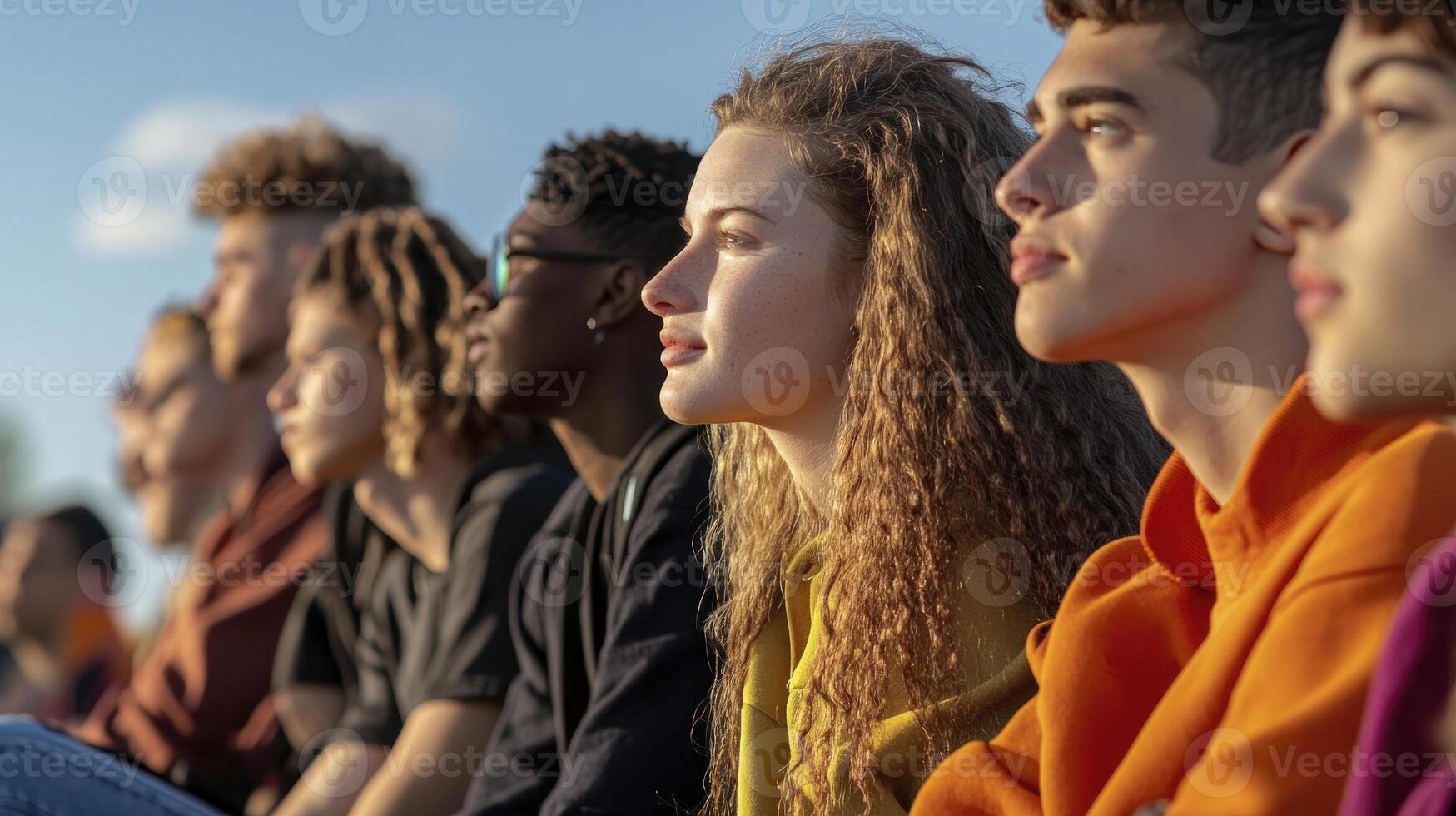 A group of young people sitting on the grass photo