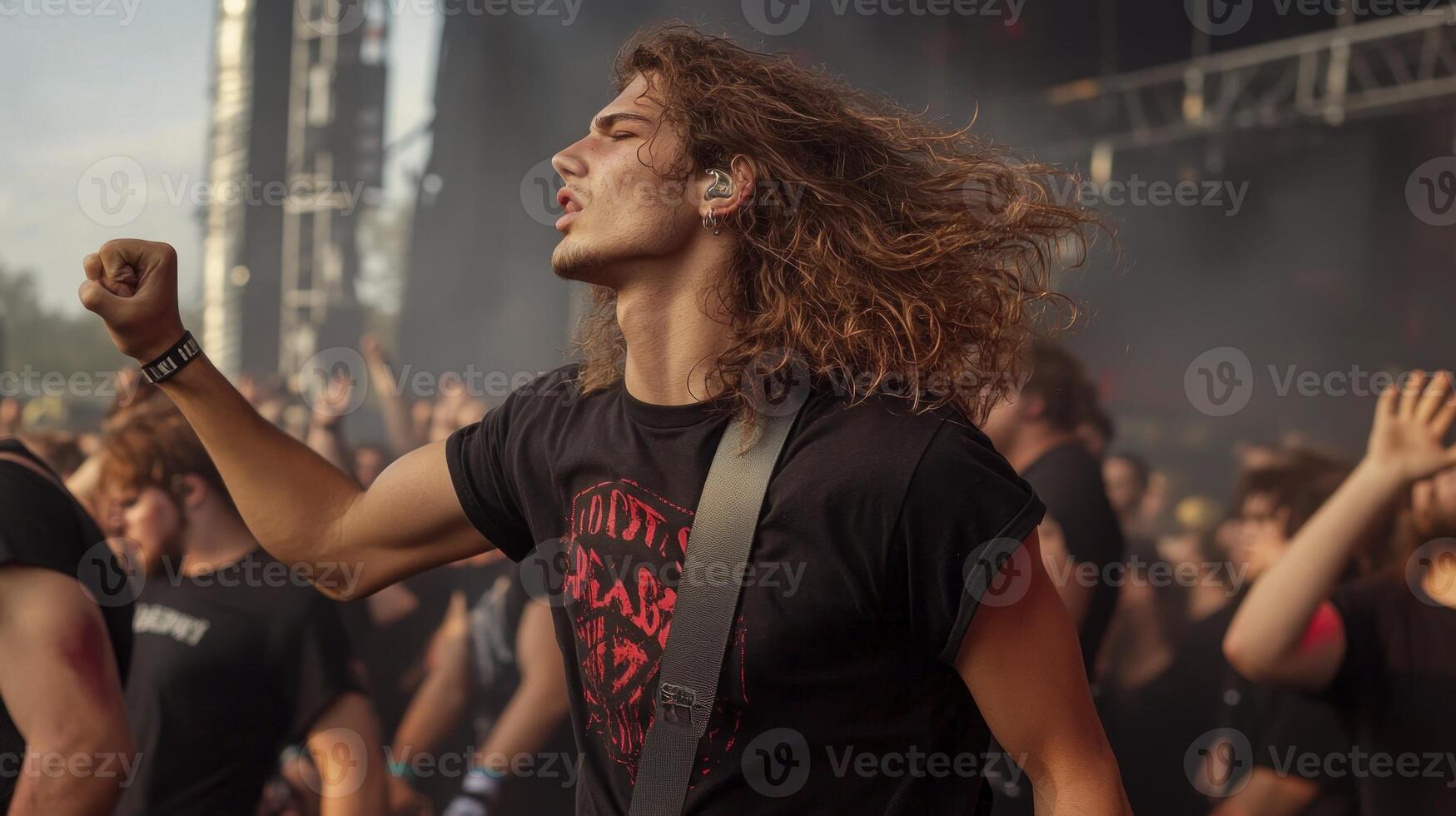 A man with long hair and a guitar in front of a crowd photo