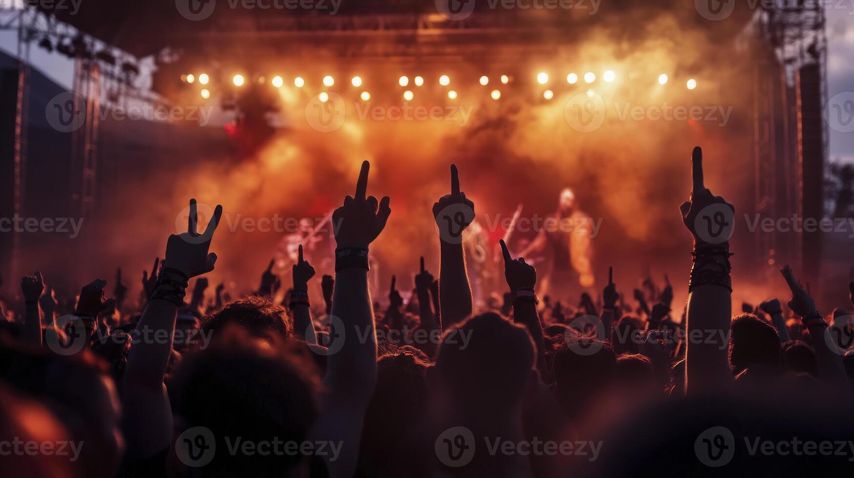 A crowd at a concert with hands up photo