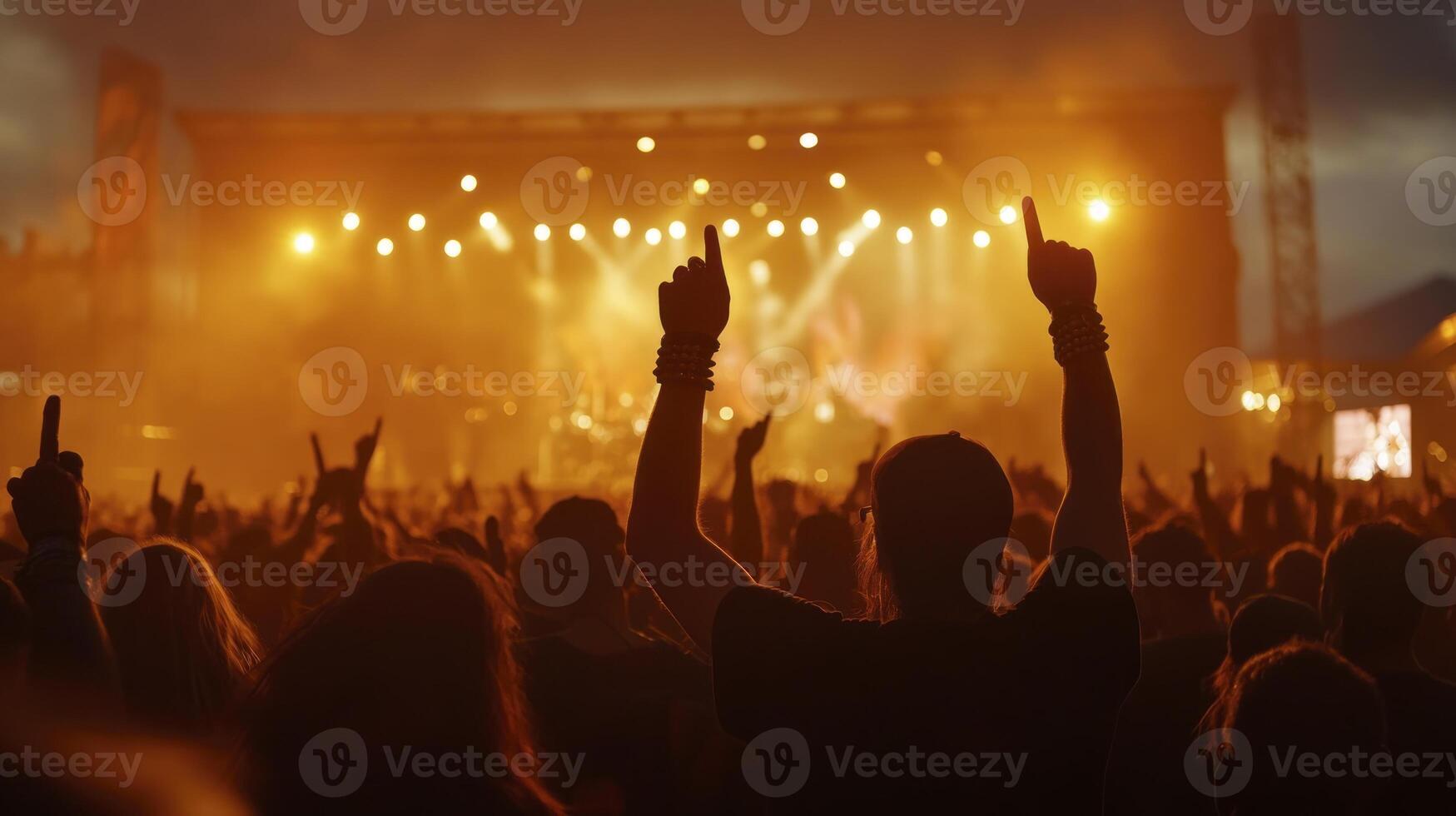 A crowd at a concert with their hands up photo