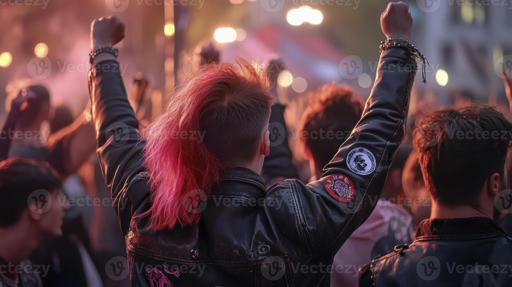 A crowd of people with pink hair at a concert photo