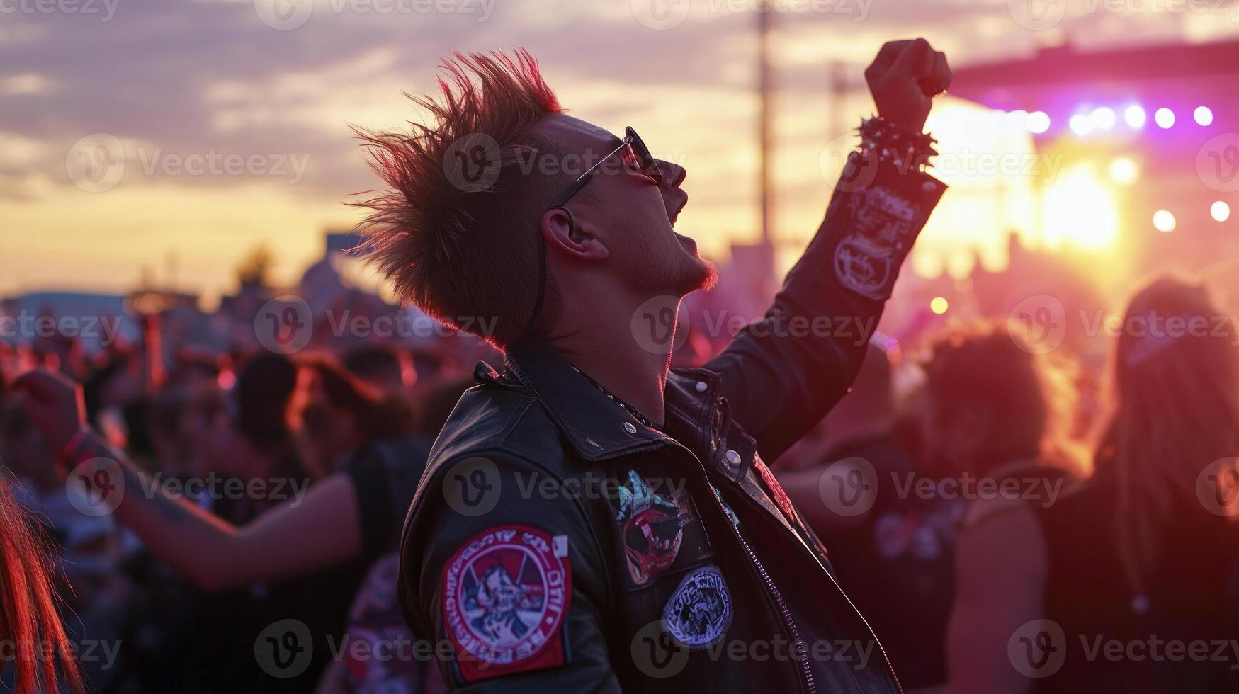 A man with a mohawk and leather jacket at a concert photo