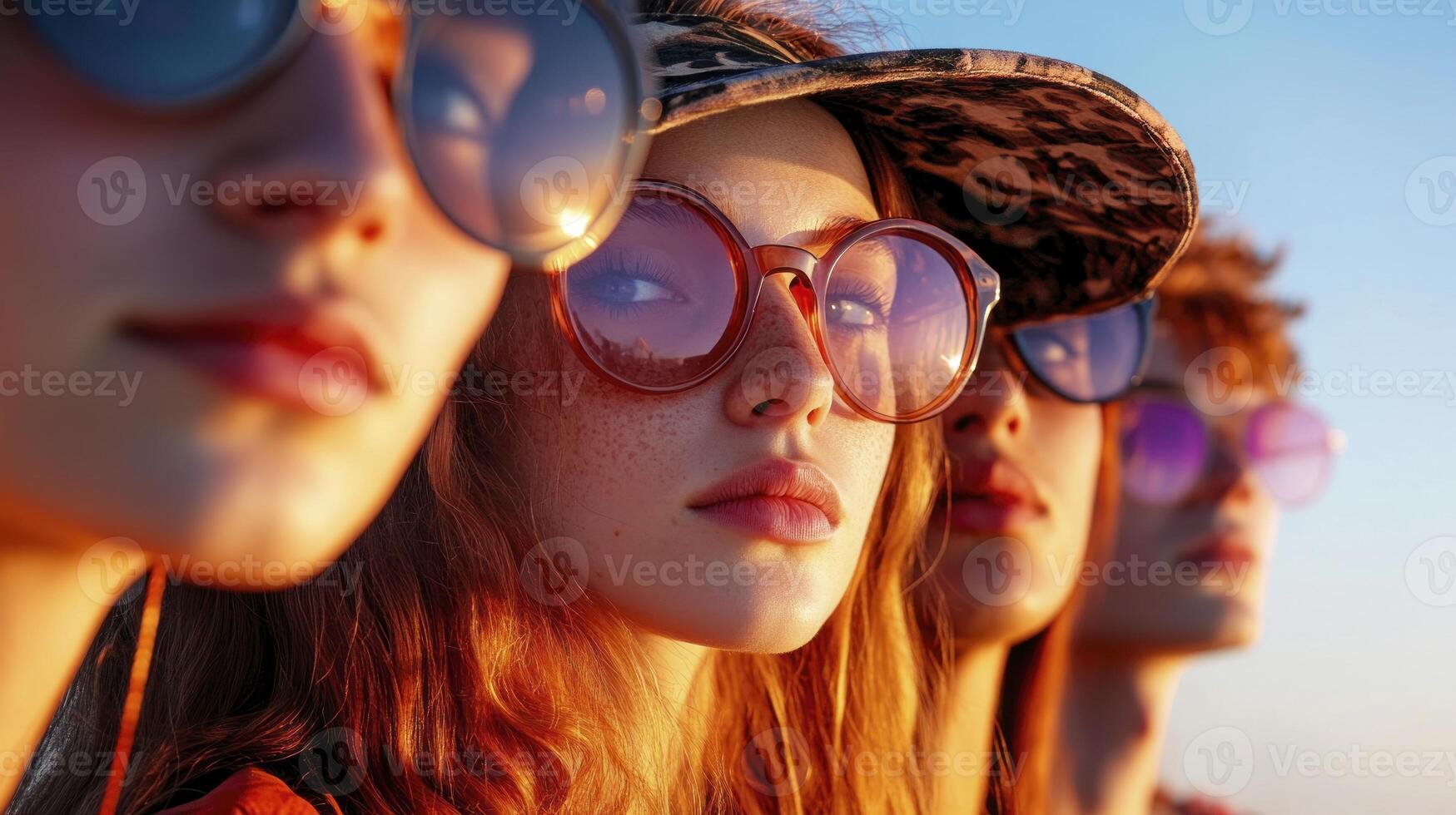 Three young women wearing sunglasses and hats photo