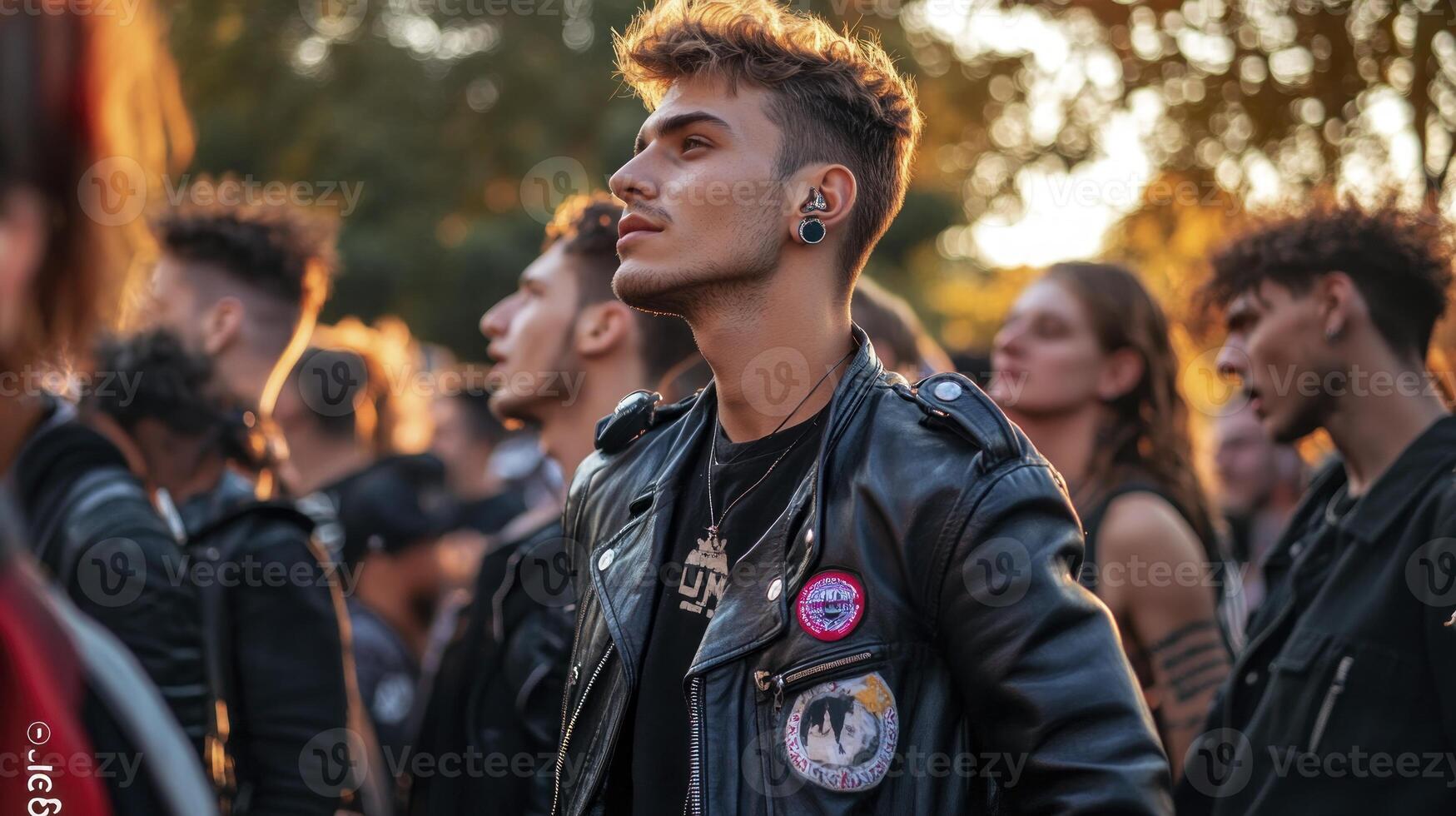 A man in a leather jacket standing in front of a crowd photo