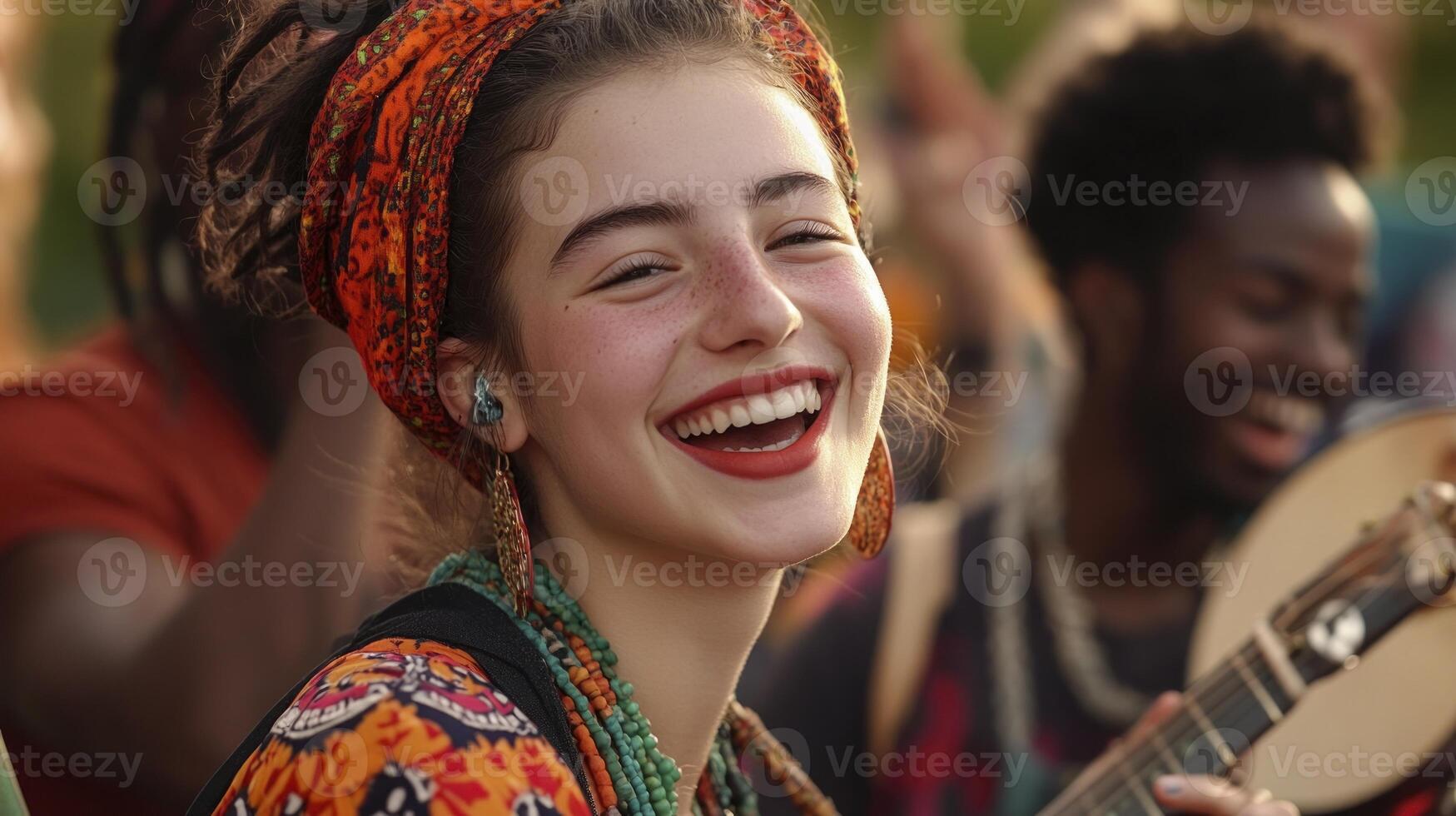 A woman with a head scarf and guitar is smiling photo