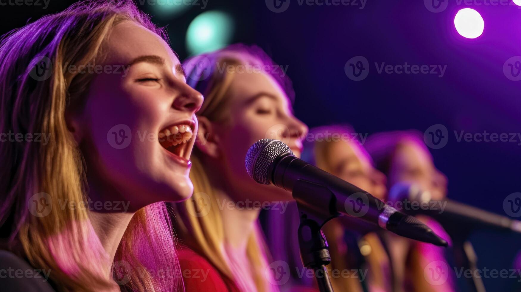 A group of young women singing into microphones photo
