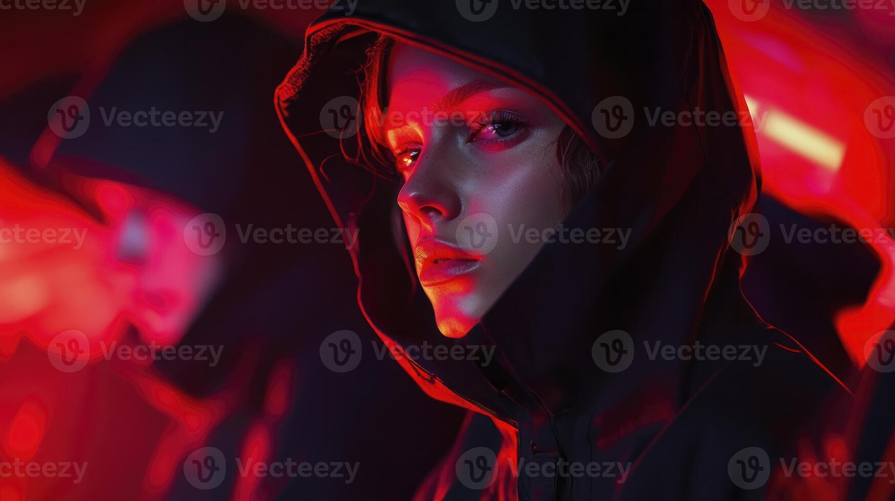 A woman in a hoodie with red light behind her photo