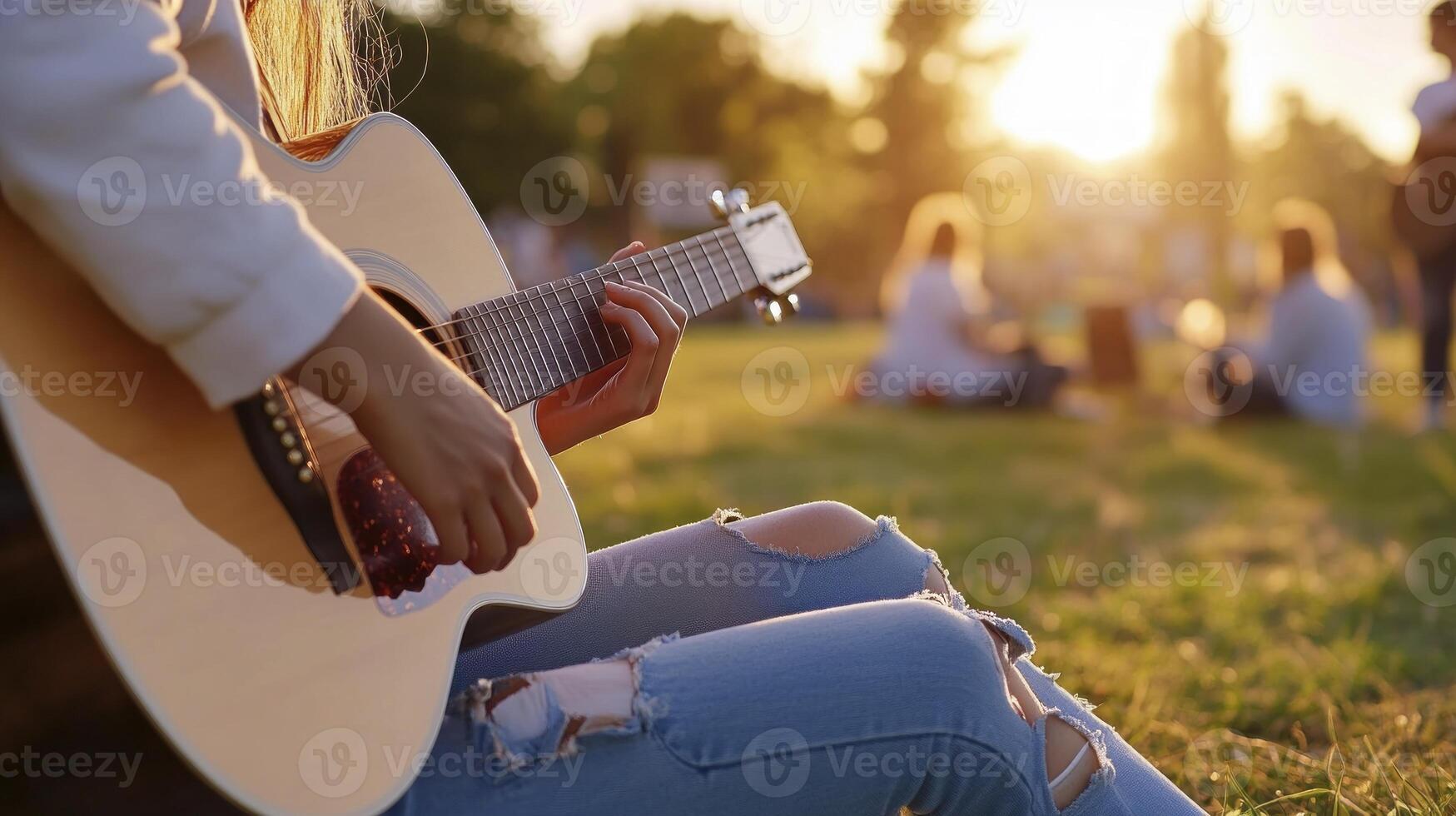 A person playing an acoustic guitar in the grass photo