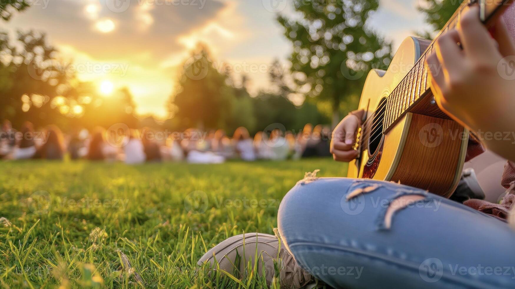 A person playing an acoustic guitar in the grass photo
