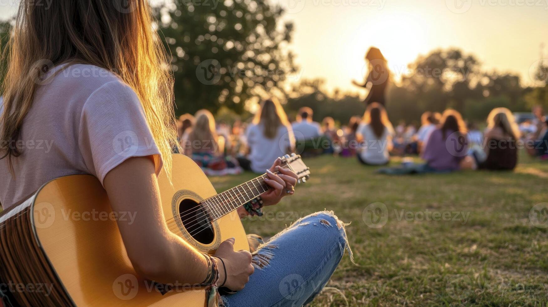 A woman playing an acoustic guitar in front of a crowd photo