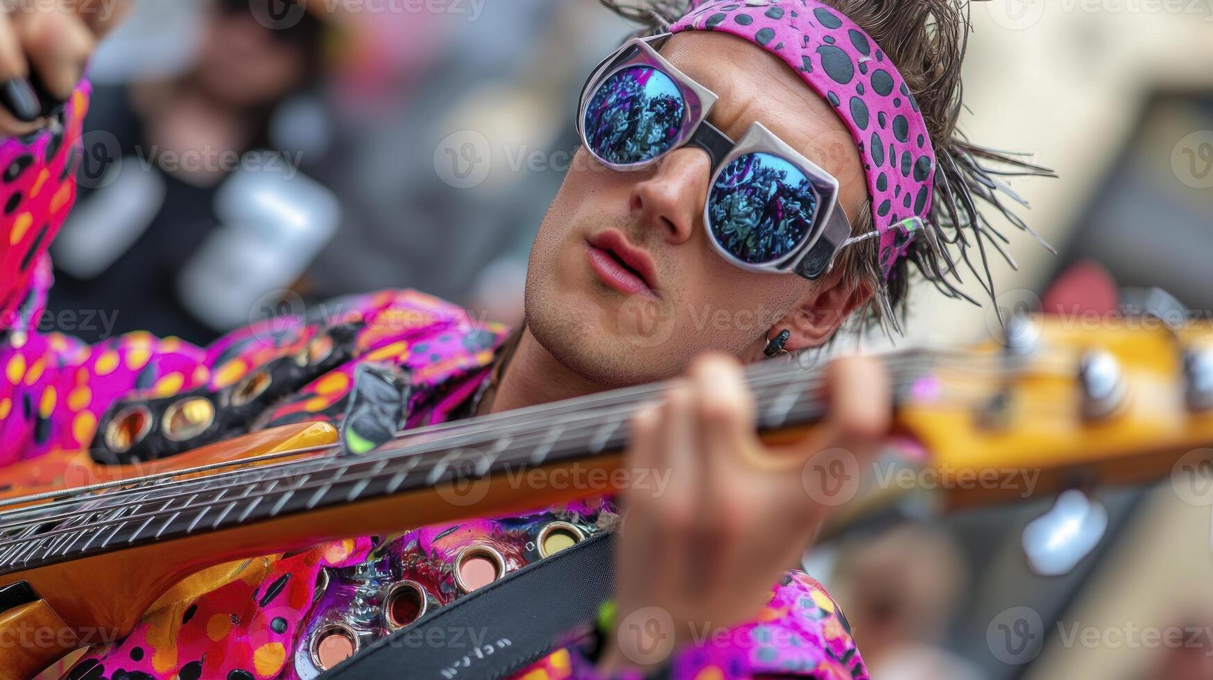 A man in a colorful outfit playing a guitar photo
