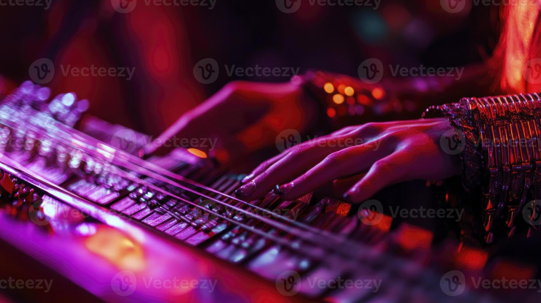 A person playing an electronic keyboard with purple lights photo