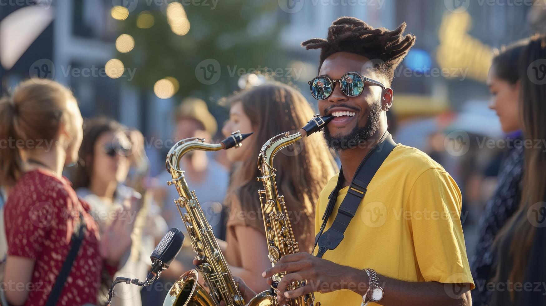 A man with sunglasses playing the saxophone in a crowd photo