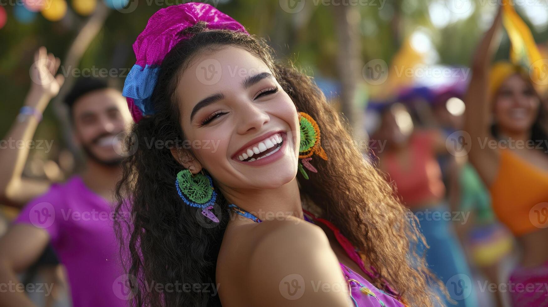 A woman in a colorful dress is smiling and dancing photo