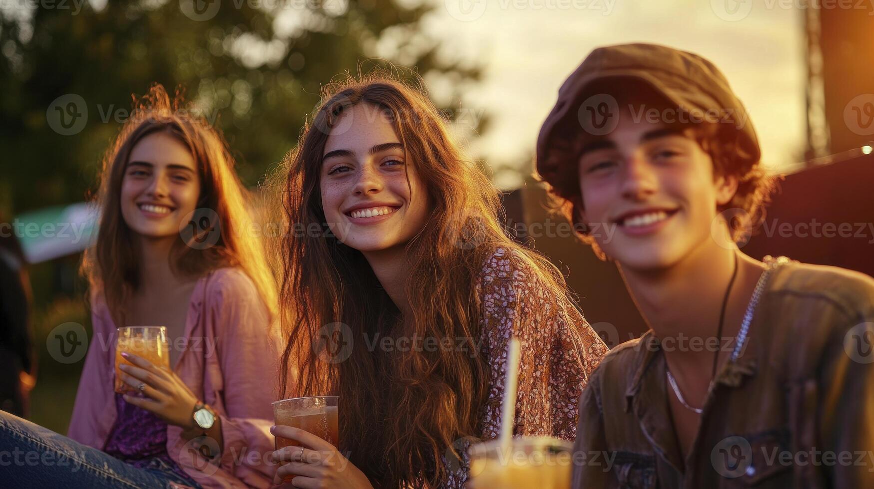 Three young people sitting on a bench with drinks photo