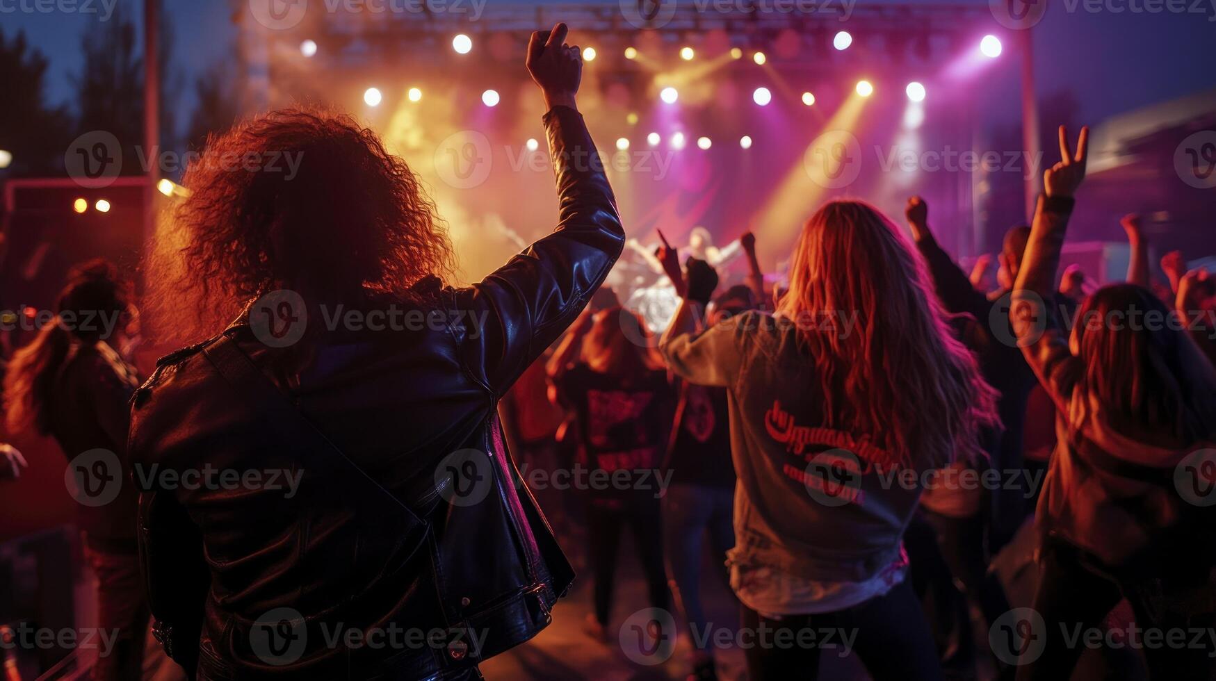 A group of people at a concert with their hands up photo