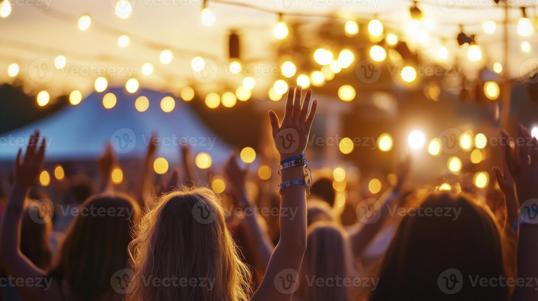 A crowd of people at a music festival with their hands up photo