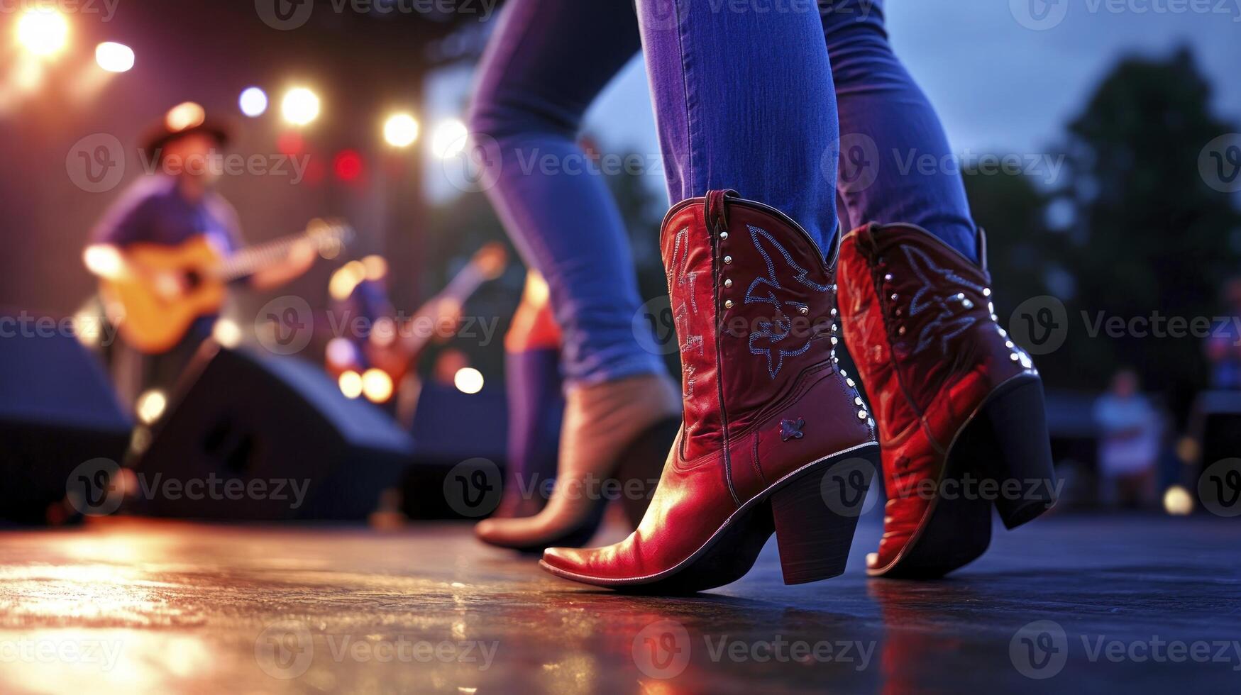 A woman in cowboy boots and jeans is standing on a stage photo