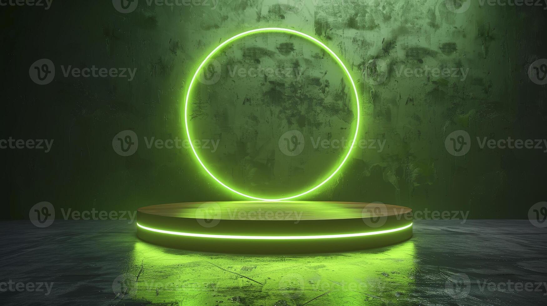 3d rendering of neon green circle on a wooden pedestal photo