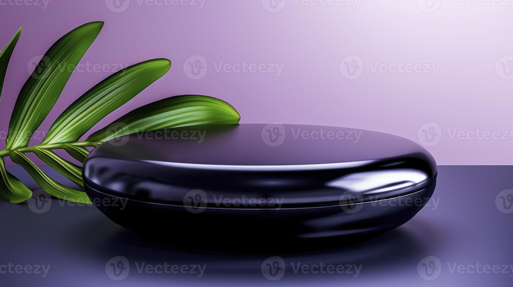 Black cosmetic container with palm leaf on purple background photo