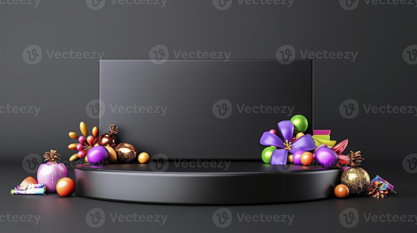 Black stand with christmas decorations and gifts on a dark background photo