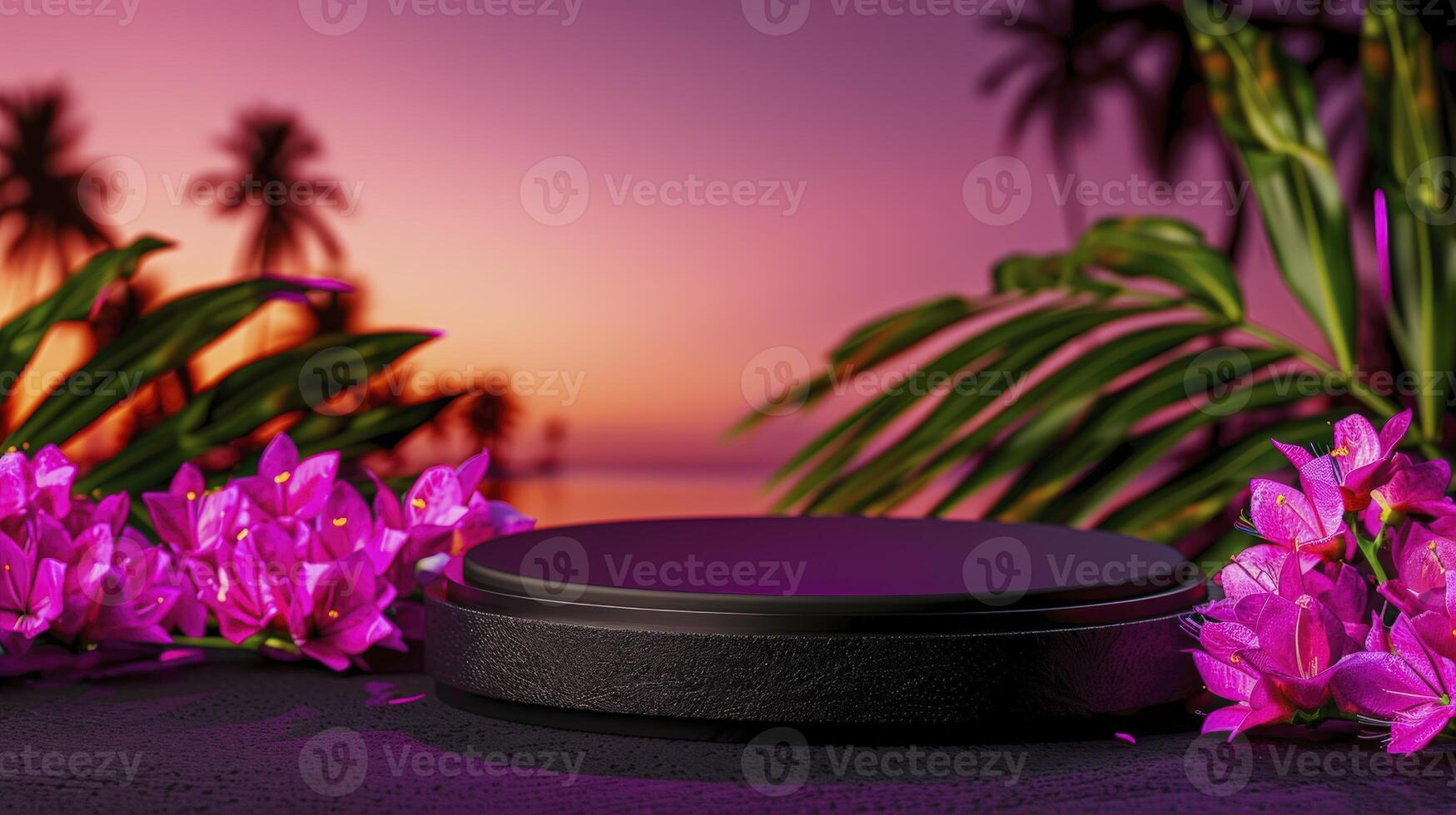 A black container with flowers on a beach at sunset photo