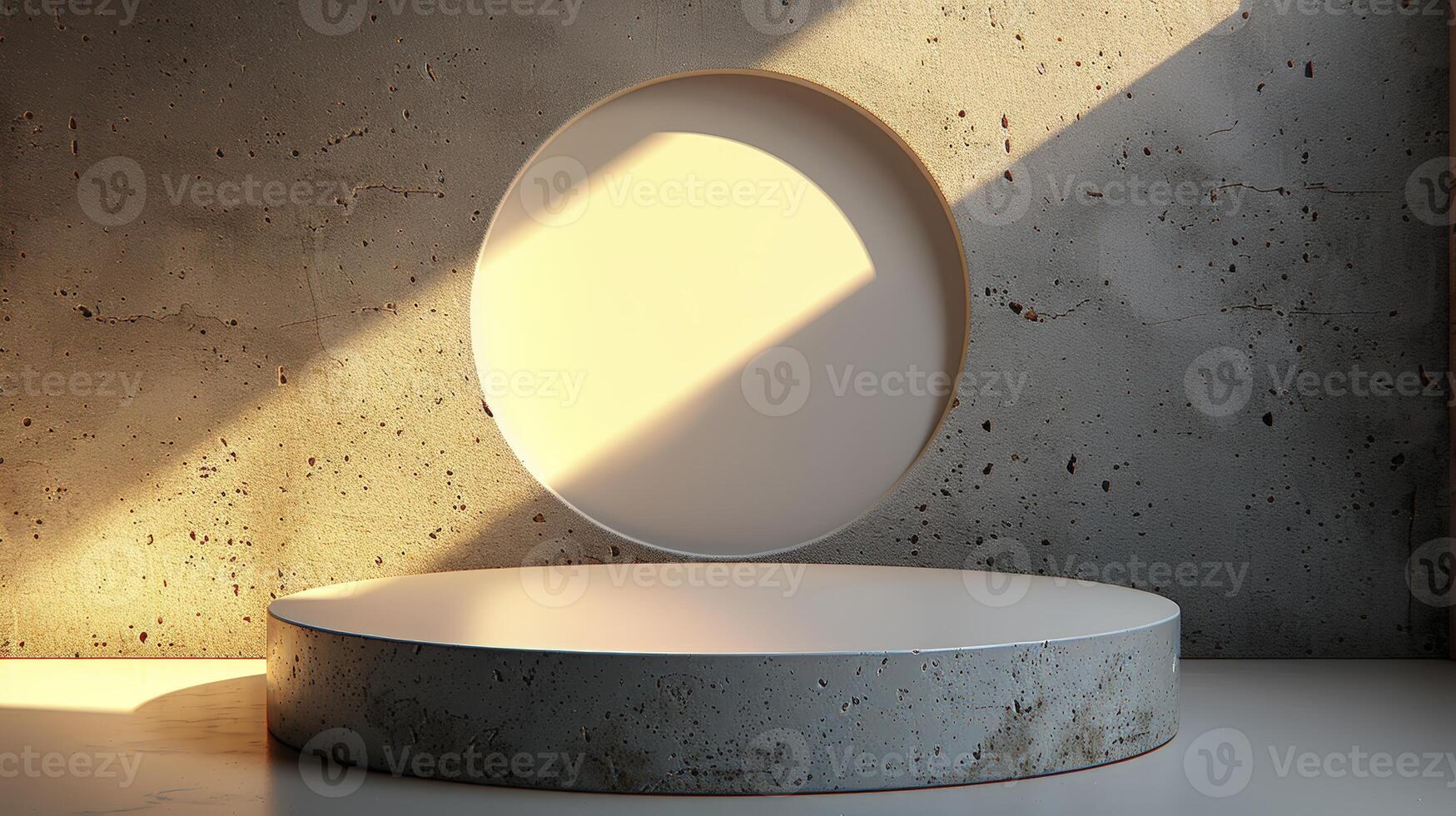 A white round mirror on a concrete floor photo