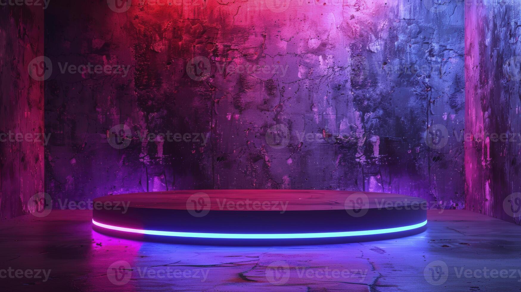 A neon light on a round table in a dark room photo