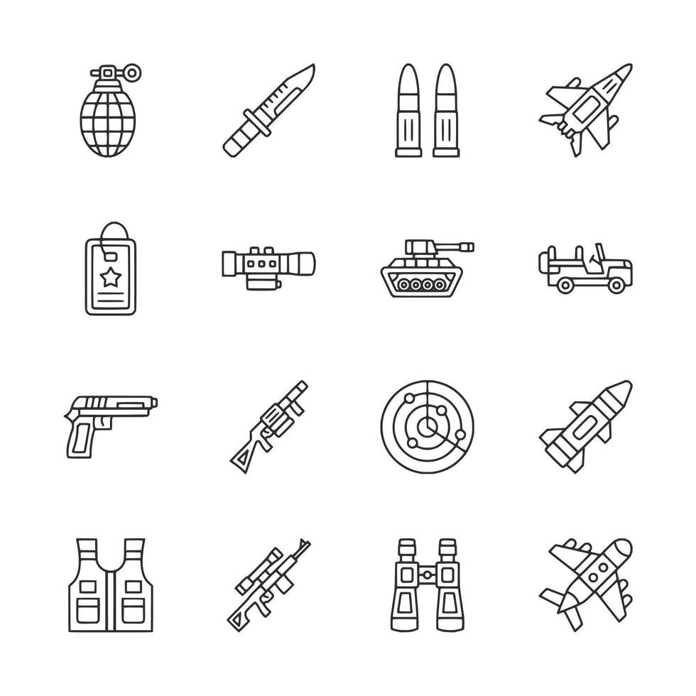 A set of military icons including a knife, a gun, a tank, a jet, and a car vector
