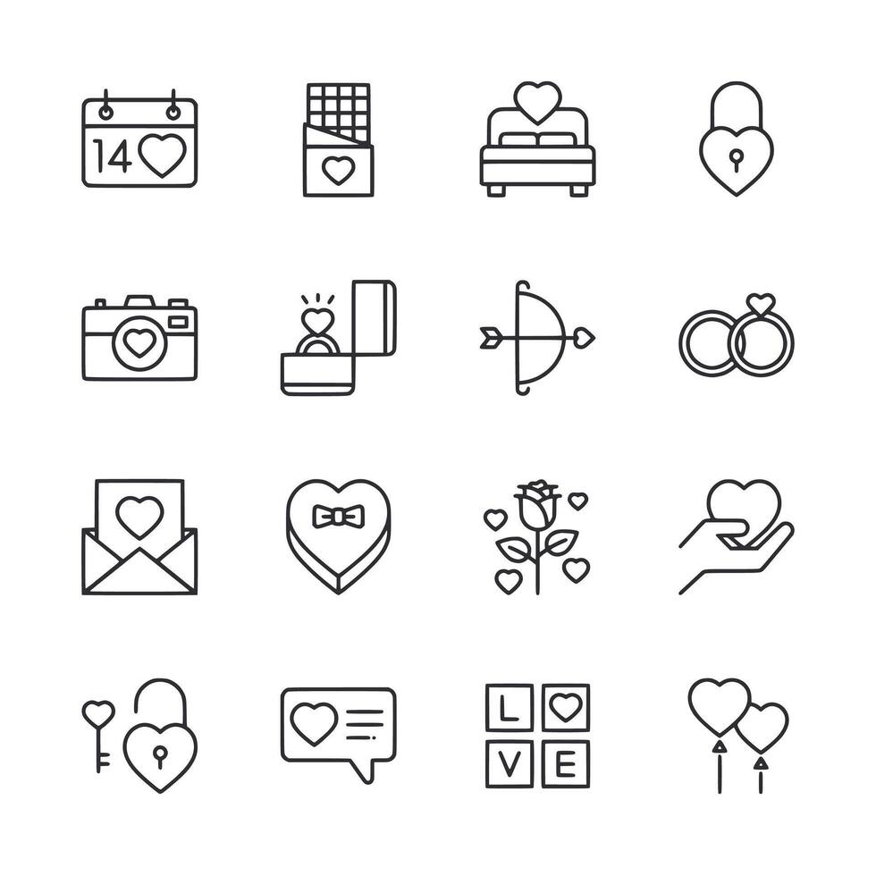 A set of Valentine's Day icons including a camera, a ring, a heart, and a key vector