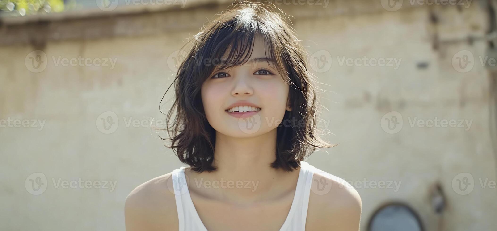 A young woman with short hair sitting on a bench photo