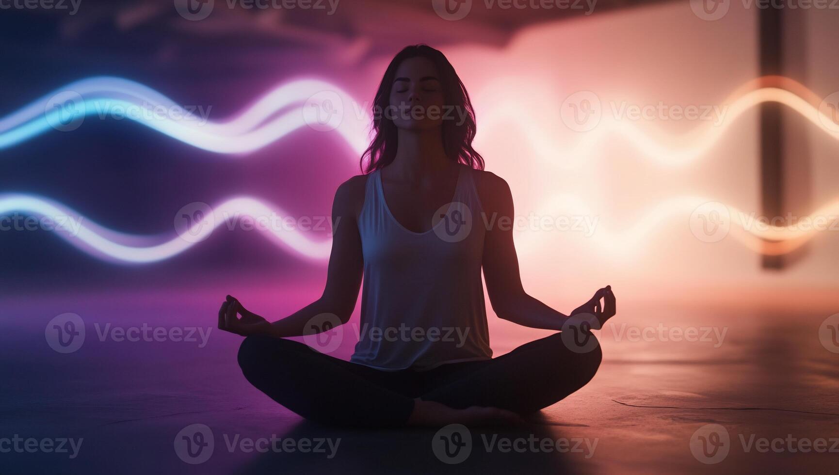 A woman meditating in a lotus position with colorful lights photo