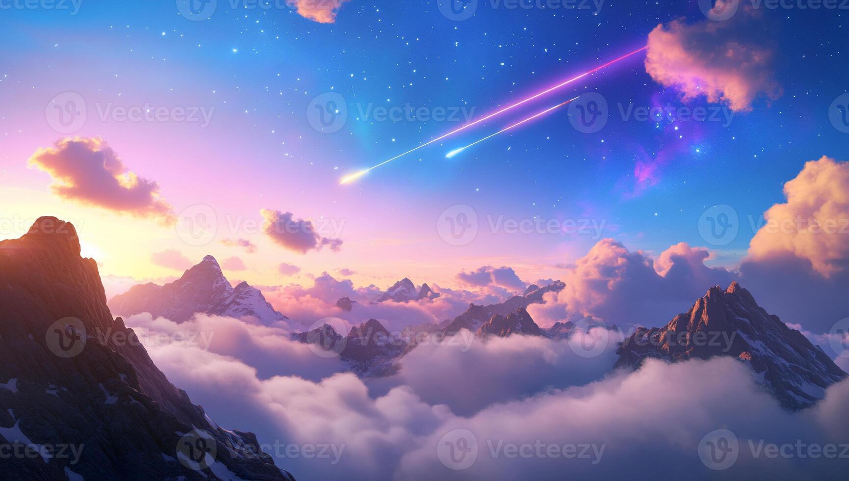 A beautiful sunset over the mountains with a shooting star photo