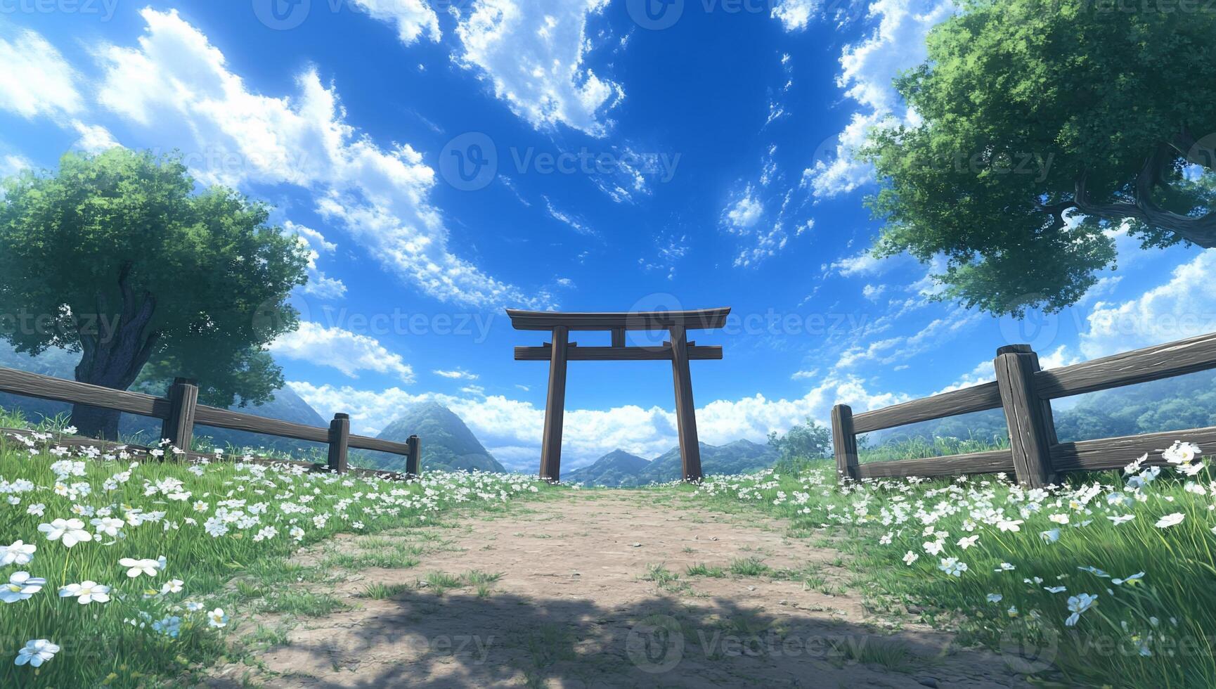 Anime landscape with a gate and flowers photo