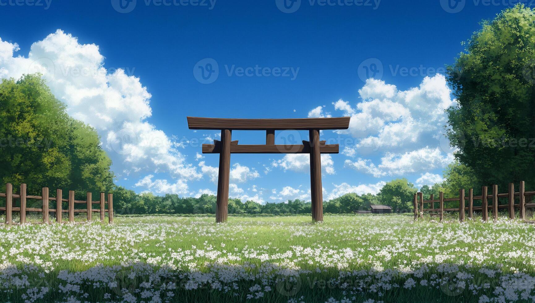 Anime gate in the middle of a field with flowers photo