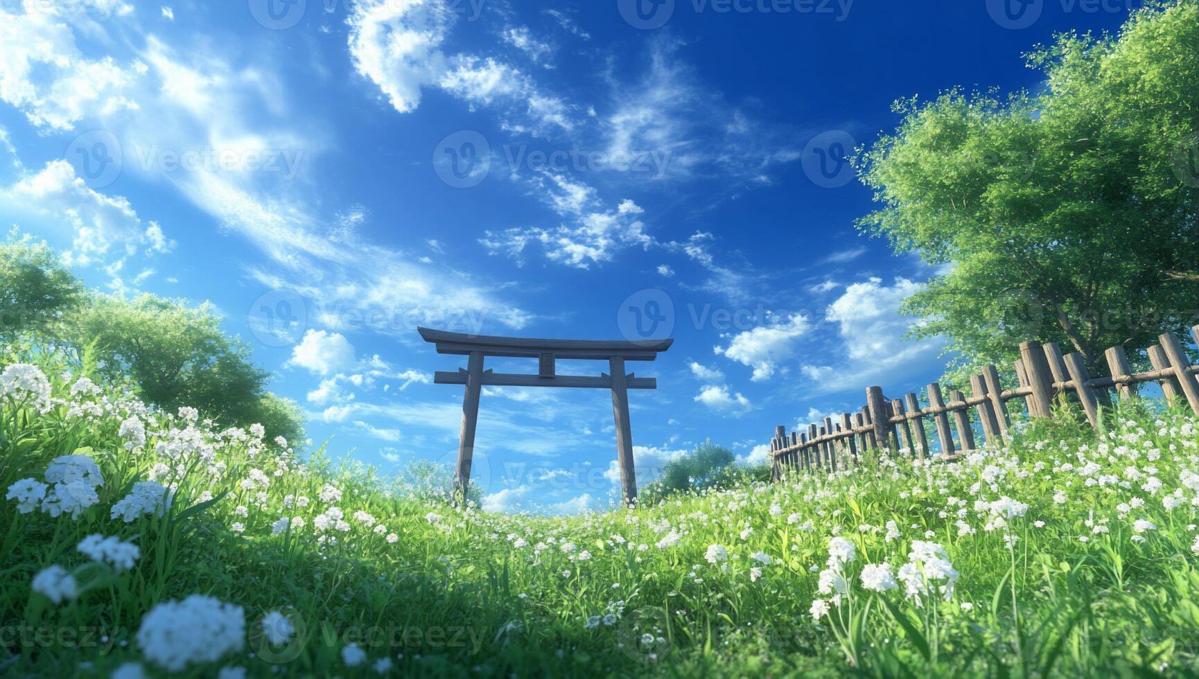 A gate in the middle of a field with white flowers photo