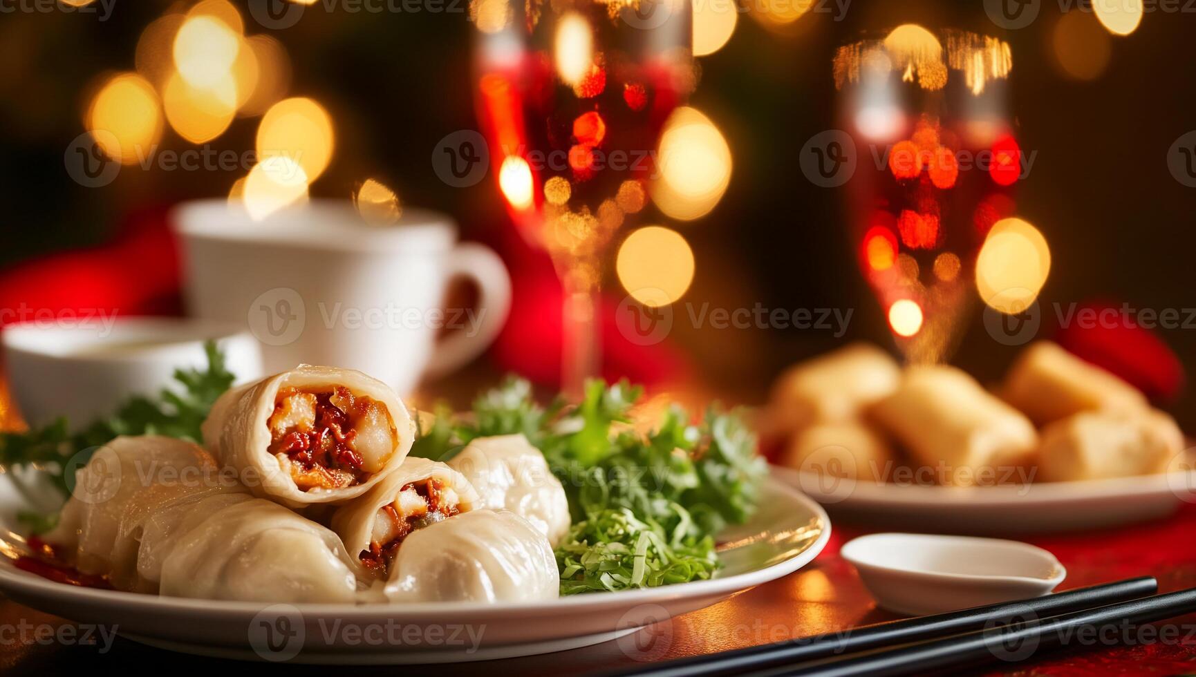 A plate of dumplings and wine on a table photo