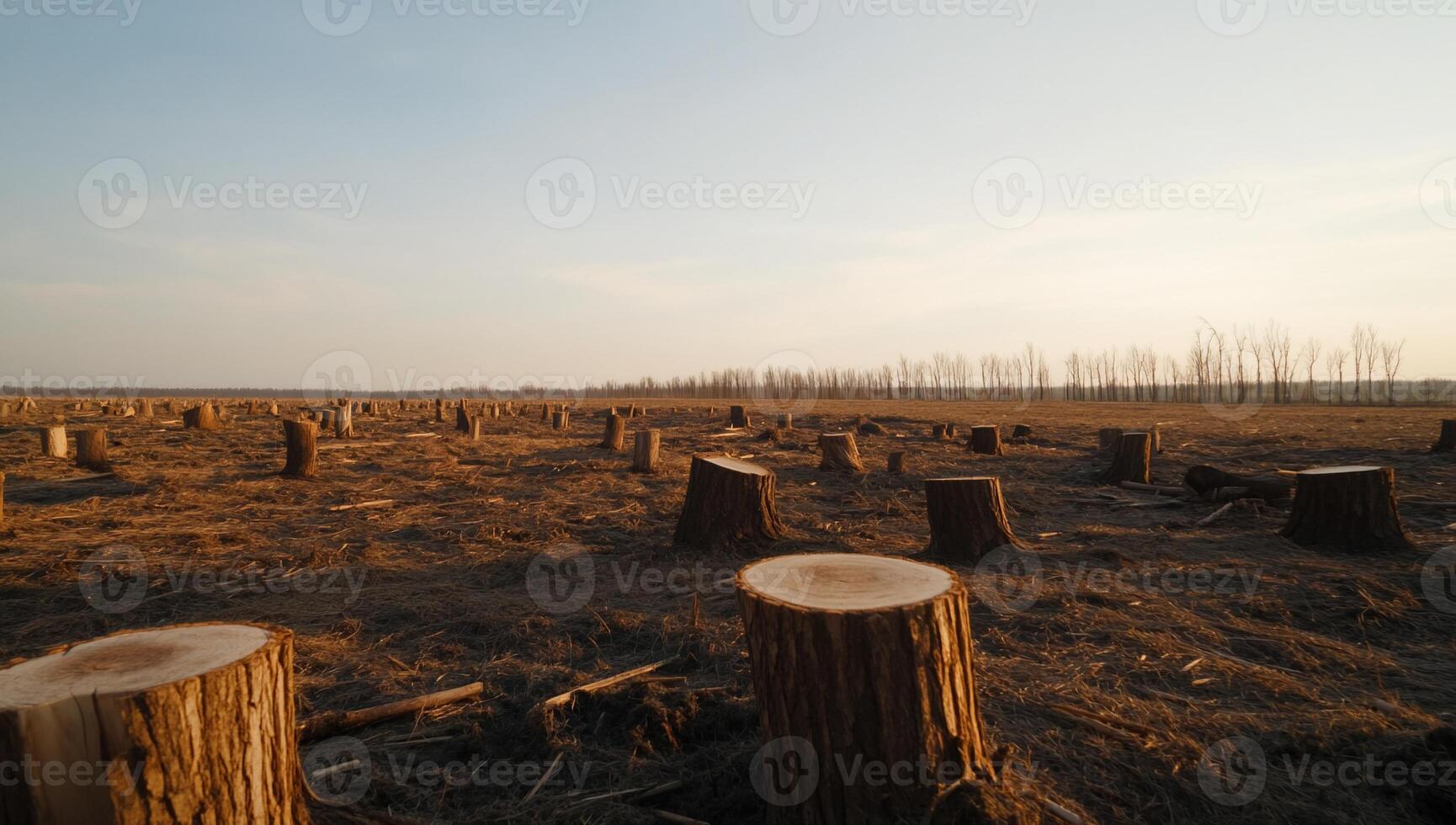 A field with many trees cut down and a sky in the background photo