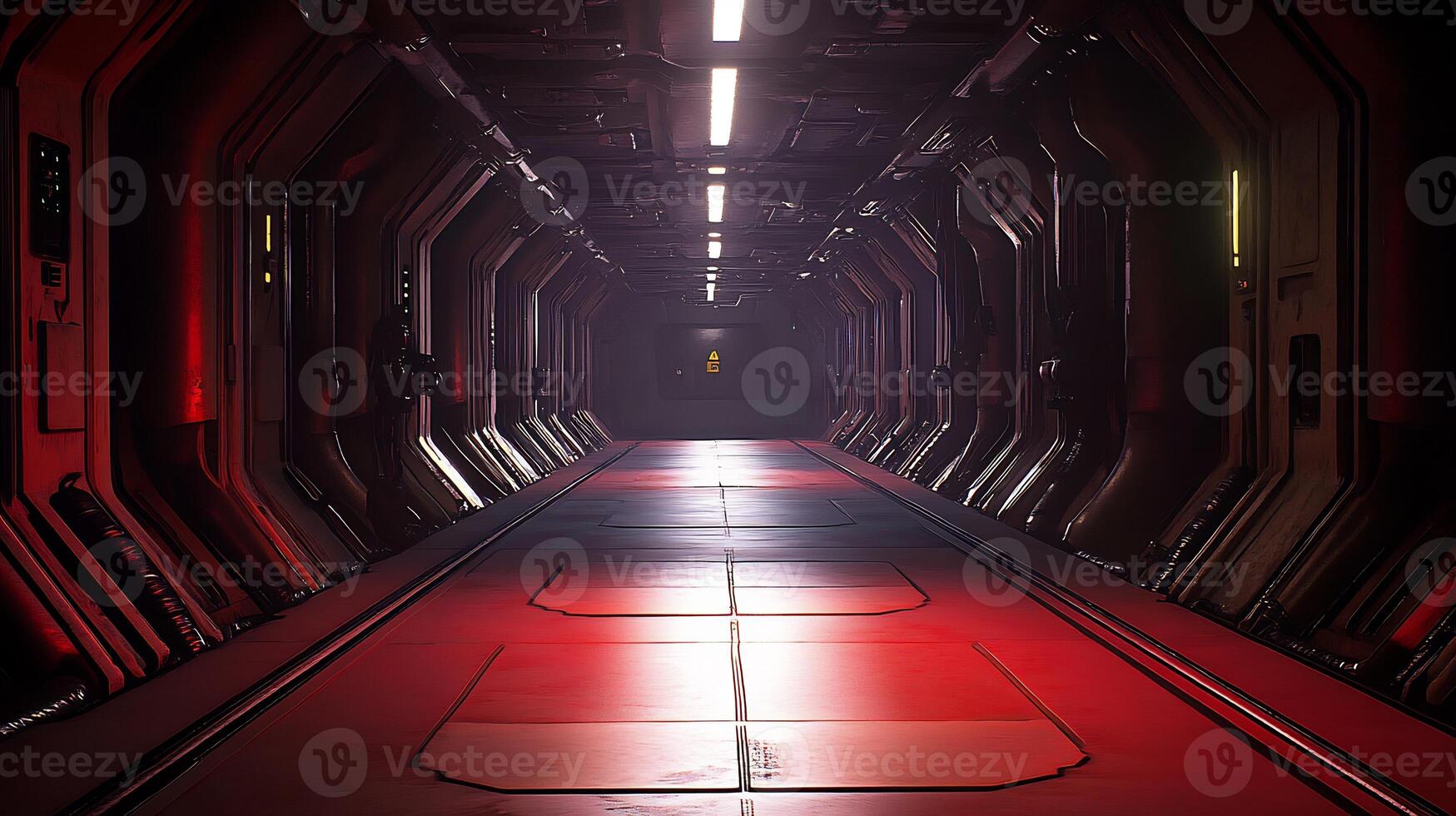 A long hallway with red lights and a door photo