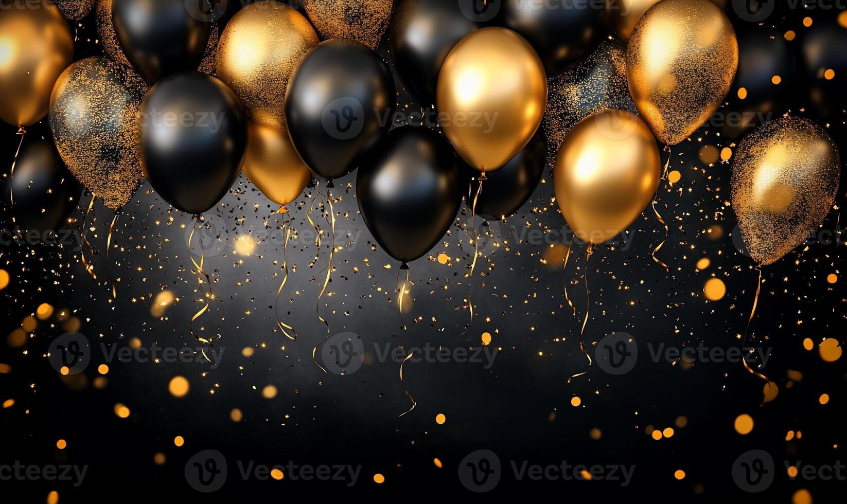 Gold and black balloons on black background photo