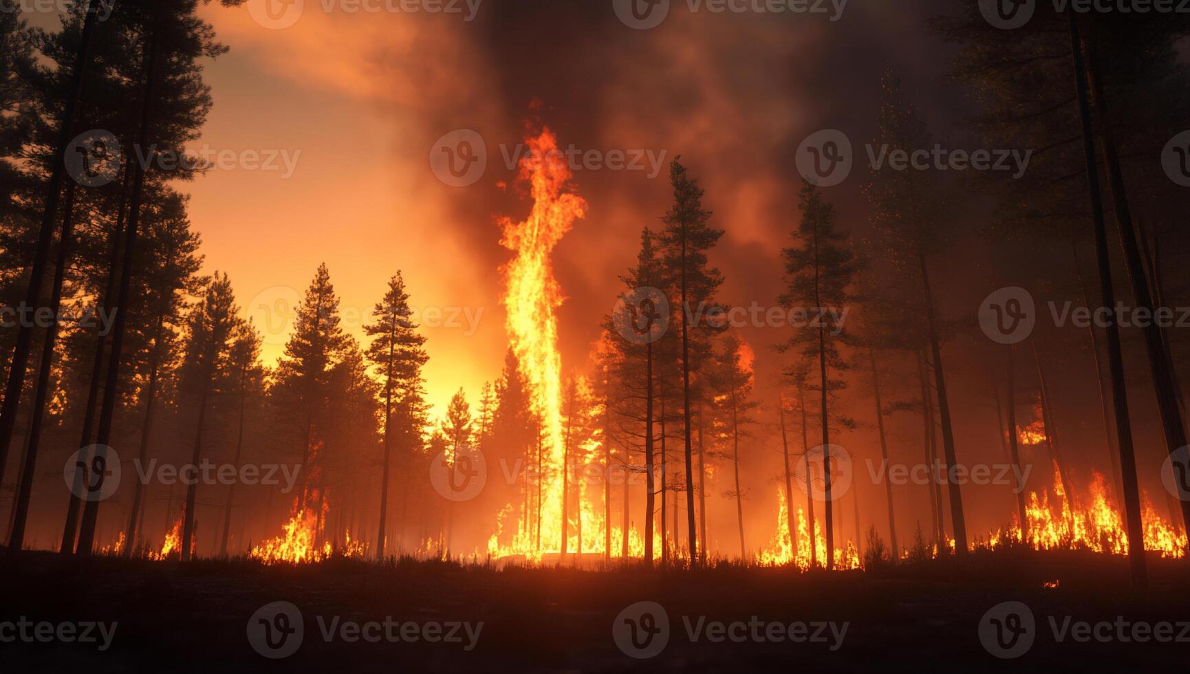 A forest fire is burning in the middle of a forest photo