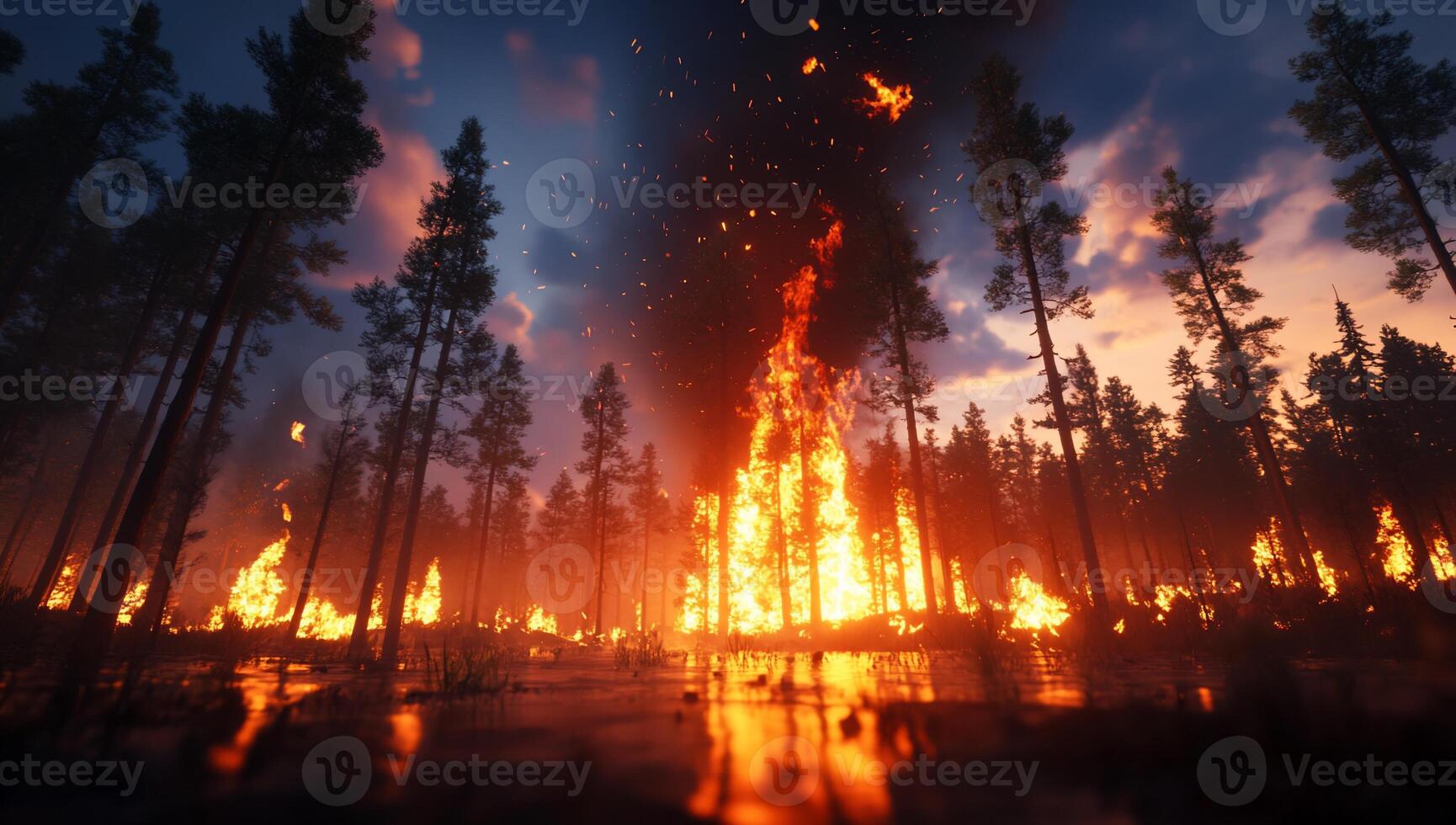 A forest fire is burning in the middle of a forest photo